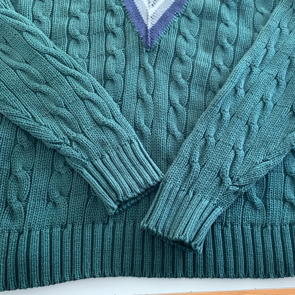 Gap Vintage Green Cable Knit Tennis Cricket Sweater V-neck 90s Oversized Fit - Picture 8 of 12
